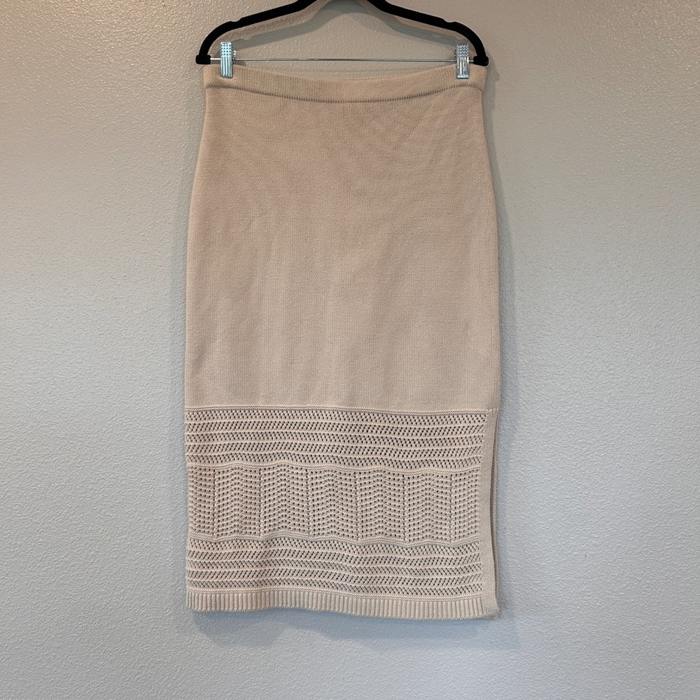 Rachel Zoe Beige Knit Midi Skirt Crochet Detail Cotton Blend Size Medium